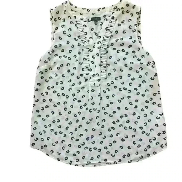 Talbots Sleeveless Blouse Size MP White with Black Design V neck ruffle collar - Picture 5 of 8